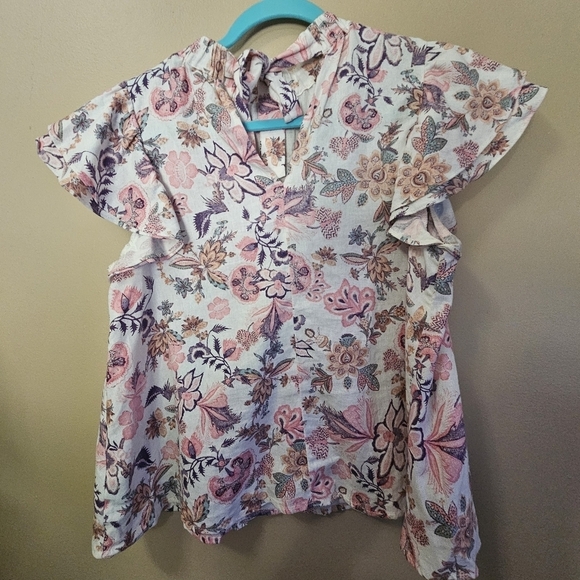 Who What Wear Women's Size S Linen Blend Floral Flutter Sleeve Top - Picture 2 of 4